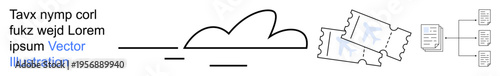 Cloud computing, data sharing, digital tickets, online transactions, network solutions, virtual systems. Minimalistic cloud icon, tickets and data nodes. Cloud computing and data sharing