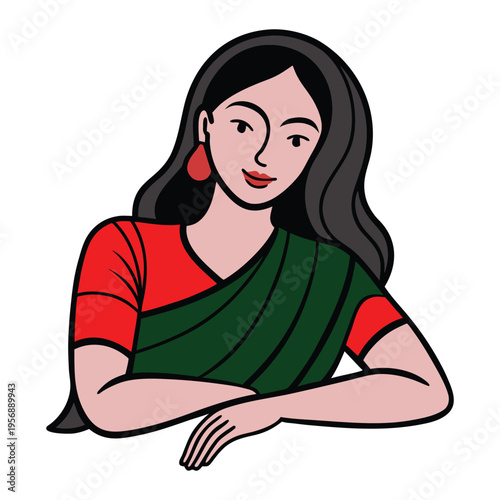 A minimalist Partishal line drawing on a white background depicting an indian woman figure in a reclining pose.
