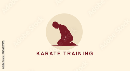 Karate Training Logo with Kneeling Martial Artist Silhouette.