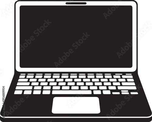 A minimalist black and white graphic illustration of a modern laptop computer for digital design