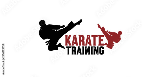 Karate Training Silhouette of Two Fighters Performing Kicks.