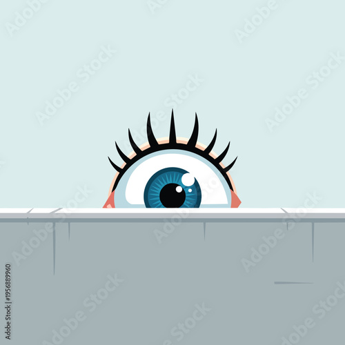 Peeking eye with long lashes over a grey surface against a light blue background