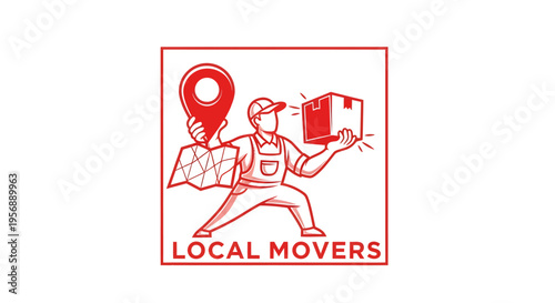 Local Movers Logo with Man Holding Box and Map.