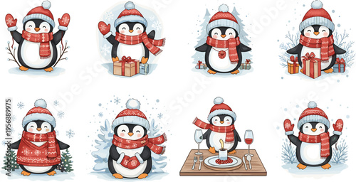 Cute Christmas Penguin Vector Set with Gifts Sweater Hat Snowflakes and Festive Winter Cartoon Character Collection
