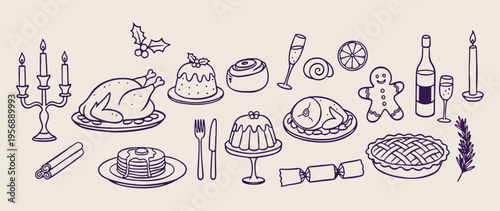 Pudding and desserts sketches, sweet food drawings, bakery icons, confectionery elements illustrations, dessert-themed symbols, food preparation art, yummy food doodles.
