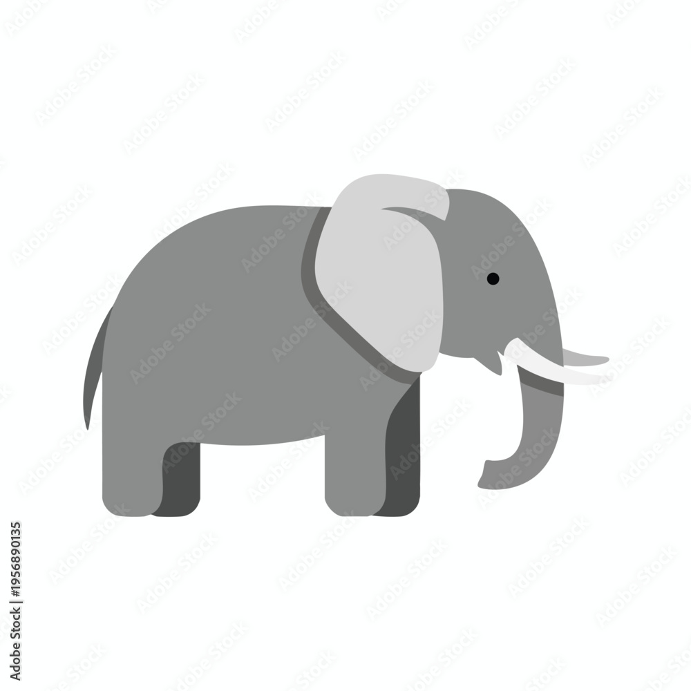 Fototapeta premium A stylized gray elephant with big ears and tusks, isolated on a white background