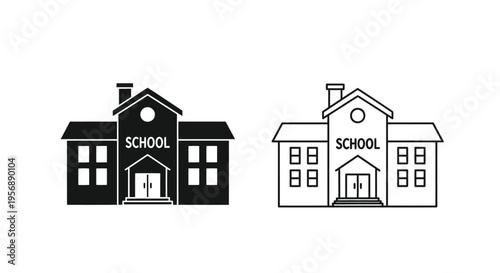 Two black and white illustrations of school buildings with distinct designs