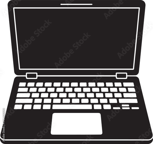 A high contrast black and white graphic illustration of an open laptop computer isolated on white
