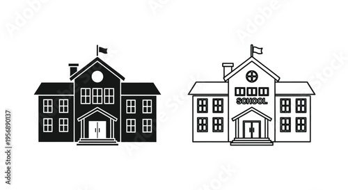 Two simple schoolhouse illustrations one black and one white