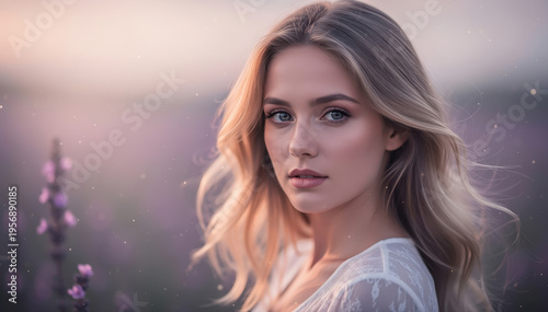 Serene Beauty in Lavender Field: A captivating portrait of a fair-haired female exudes tranquility amidst the soft purple hues of a lavender field, her gaze direct and expressive.