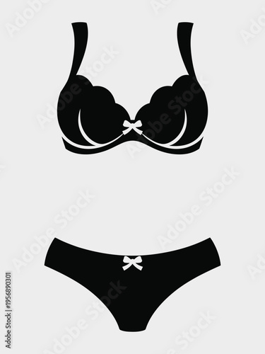 A elegant black lingerie set featuring a scalloped bra and matching briefs with white bow details isolated on white background, Vector, illustration
