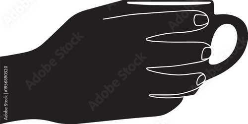 A minimalist black silhouette illustration of a human hand holding a simple ceramic coffee mug