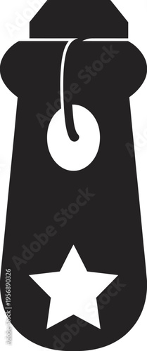A black silhouette of a decorative tag featuring a star cutout and a hanging loop for attachment isolated on white background, Vector, illustration