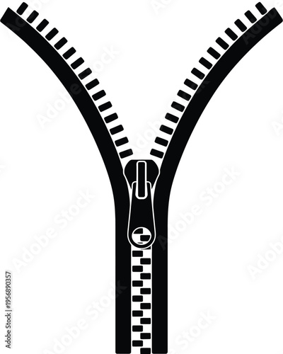 A black silhouette of an open clothing zipper showing the teeth and the slider mechanism in detail isolated on white background, Vector, illustration