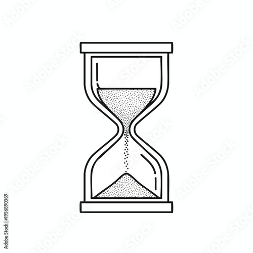 Black and white illustration of a classic hourglass with sand flowing down