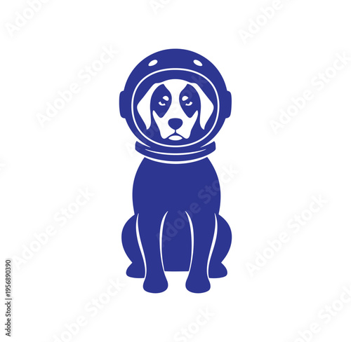 Blue dog wearing spacesuit helmet sitting on white background