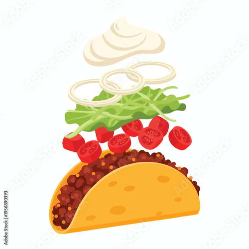 Exploded view of a taco showing layers of ground meat, tomatoes, lettuce, onion rings, and sour cream
