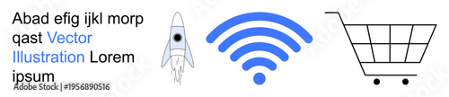 Technology, connectivity, e-commerce, innovation, internet usage, online shopping. Rocket, wireless signal shopping cart icon. Connectivity and e-commerce visually highlighted