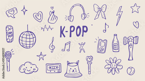 K-Pop icons, music band symbols, singer and dancer sketches, fanbase elements, fan art, music industry illustrations, pop culture drawings.
