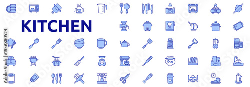 Kitchen icon set color lineal style with cooking tools, knives, oven, stove, dough roller, tray, fridge, washing dishes, paper towel, plates, microwaves, cutting board, apron icons
