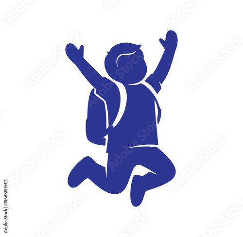 Blue silhouette of a happy child jumping with arms raised and backpack on  joyful kid in mid air