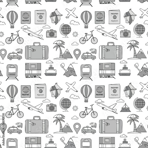 Seamless pattern of doodle-style travel icons planes, trains, cars, luggage, passports, globes, hot air balloons, bikes, cameras