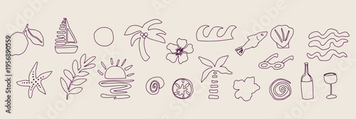 Sea creature illustrations, marine life sketches, fish and jellyfish drawings, coral and seaweed art, underwater animals symbols, aquatic world elements, ocean wildlife icons.
