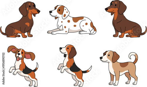 Cute Dog Breeds Cartoon Set with Different Puppies, Sitting, Standing, and Playing Poses for Pet Illustration, Animal Collection, and Kids Friendly Design Concepts