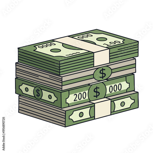 Stack of green bills, some showing 100, 200, and 000 denominations