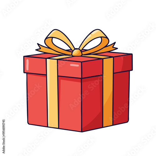 A red gift box with yellow ribbons and a bow sits isolated on white