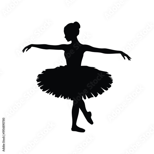 Black silhouette of a graceful ballerina performing a classic dance move with an elegant tutu skirt isolated on white background, Vector, illustration