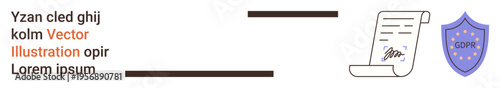 Data protection, legal compliance, privacy policy, cyber security, digital safety, contractual agreements. A shield marked GDPR, a signed document and text. Data protection and legal compliance