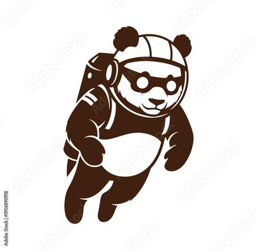 Brown panda bear wearing astronaut helmet and oxygen tank flying through space