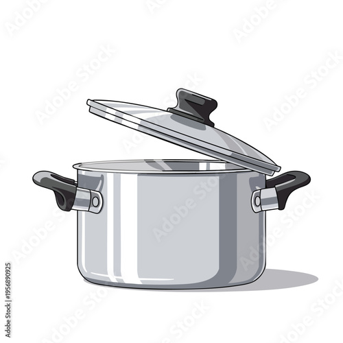 Metallic saucepan with a slightly ajar glass lid and black handles