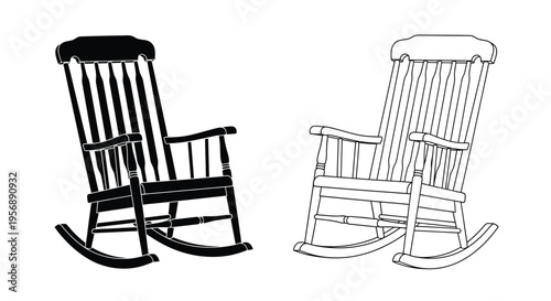 Two black and white illustrations of wooden rocking chairs side by side