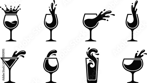 Cocktail glass splash icons set, beverage silhouettes collection, stylish drink symbols for bar menu design, black and white vector illustration isolated