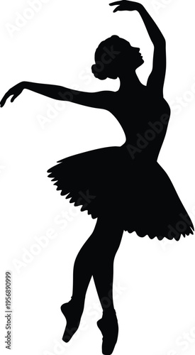 Black silhouette of a graceful ballerina performing a classic dance pose with an elegant tutu isolated on white background, Vector, illustration