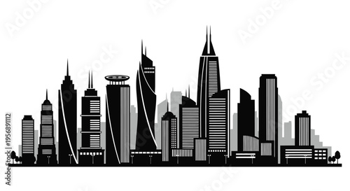 A striking black and white skyline illustration of a modern city
