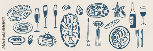 Seafood platter illustrations, lobster and shrimp sketches, oyster and mussel drawings, marine food icons, restaurant menu elements, seafood dishes symbols, fish and shellfish art.
