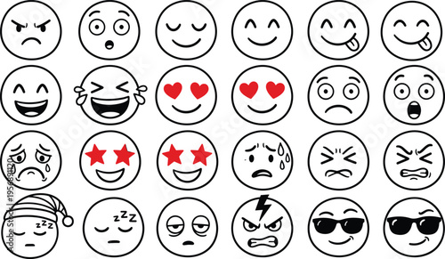 Expressive emoji faces collection line art illustration, emoticon icons set with various emotions, black and white vector symbols for chat, social media design
