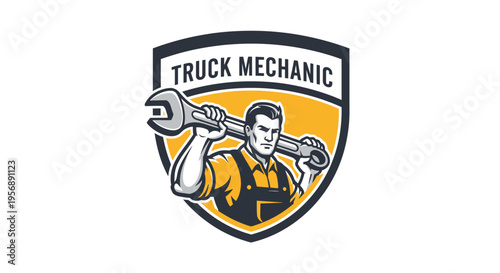 Truck Mechanic Holding Large Wrench Emblem.