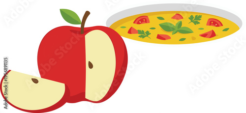 Fresh red apple slices with healthy vegetable soup bowl illustration, nutritious food concept, organic ingredients, colorful meal design isolated on clean background