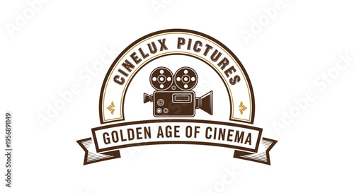 Vintage Cinelux Pictures Golden Age of Cinema Logo with Classic Film Camera.