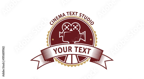 Vintage Cinema Text Studio Logo with Film Camera and Ribbon.