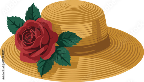 Straw hat with red rose flower vector on white background.