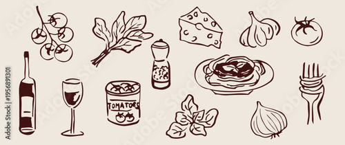 Garden fresh herbs, organic plant sketches, culinary herb doodles, botanical nature icons, kitchen herb illustration, healthy greenery sketches, farmhouse garden elements.
