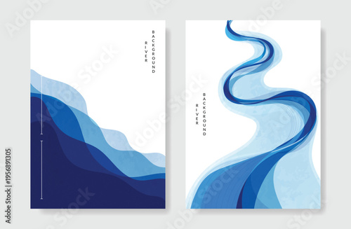 Japanese sea wave Card set vector. Poster design with watercolor blue ocean wave pattern backdrop. Modern illustration for cover, banner, website, decor, interior.