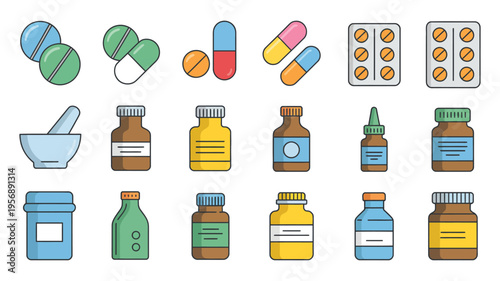 Pharmacy Icon Set, flat style vector illustration of medical pills, bottles, capsules, tablets, blister packs, representing drugstore, prescription, healthcare, and pharmaceutical concept.