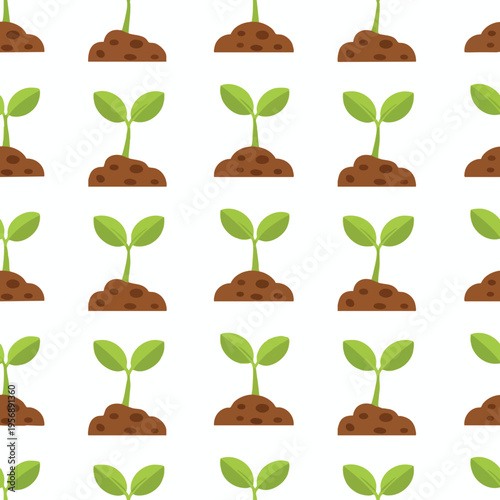 Repetitive pattern of brown soil mounds with green sprouts and leaves