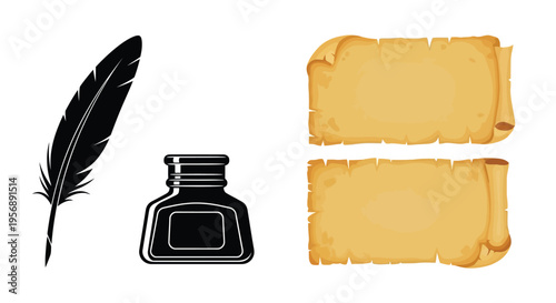 A classic writing set featuring a quill inkwell and parchment scrolls